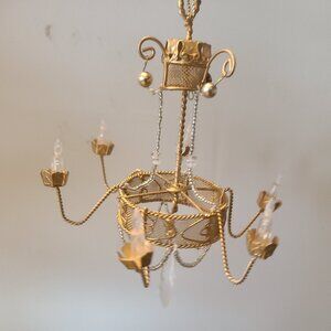 VTG Beaded Chandelier Ornament Gold W/ Silver Beaded Accent Candle Shaped 5.5"